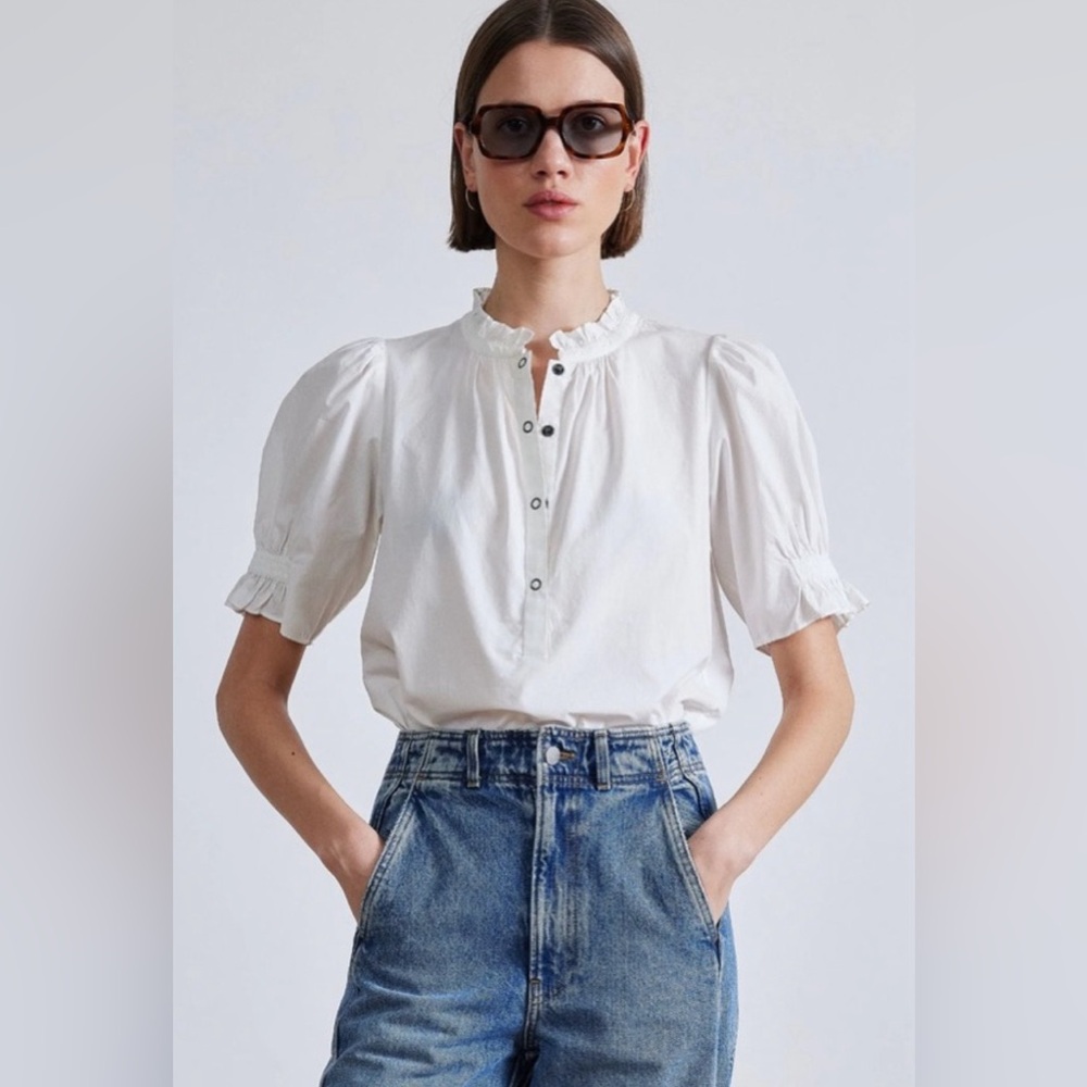 Apiece Apart Top XS White Organic Cotton Snap Closure Ruffle Puff Sleeve Womens